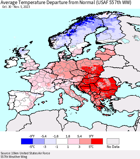 Europe Average Temperature Departure from Normal (USAF 557th WW) Thematic Map For 10/30/2023 - 11/5/2023