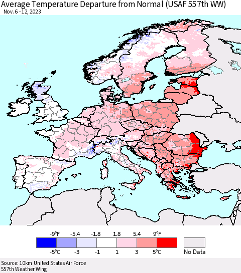Europe Average Temperature Departure from Normal (USAF 557th WW) Thematic Map For 11/6/2023 - 11/12/2023
