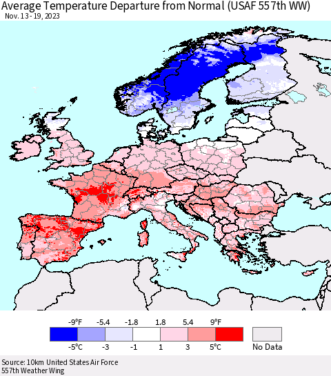 Europe Average Temperature Departure from Normal (USAF 557th WW) Thematic Map For 11/13/2023 - 11/19/2023