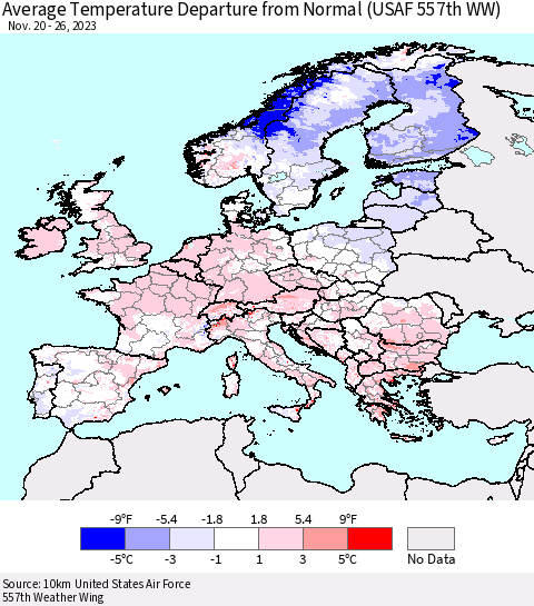 Europe Average Temperature Departure from Normal (USAF 557th WW) Thematic Map For 11/20/2023 - 11/26/2023
