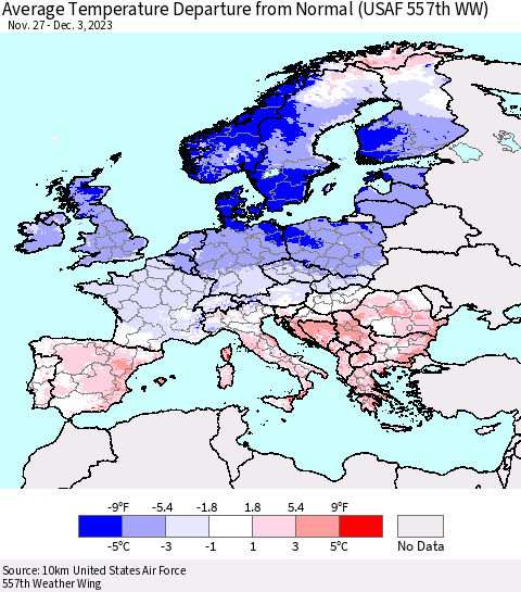 Europe Average Temperature Departure from Normal (USAF 557th WW) Thematic Map For 11/27/2023 - 12/3/2023