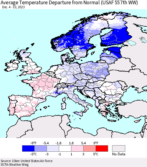 Europe Average Temperature Departure from Normal (USAF 557th WW) Thematic Map For 12/4/2023 - 12/10/2023