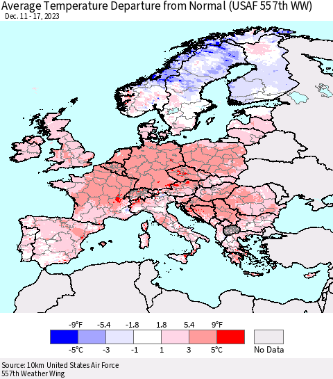 Europe Average Temperature Departure from Normal (USAF 557th WW) Thematic Map For 12/11/2023 - 12/17/2023