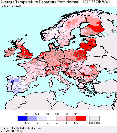 Europe Average Temperature Departure from Normal (USAF 557th WW) Thematic Map For 12/18/2023 - 12/24/2023