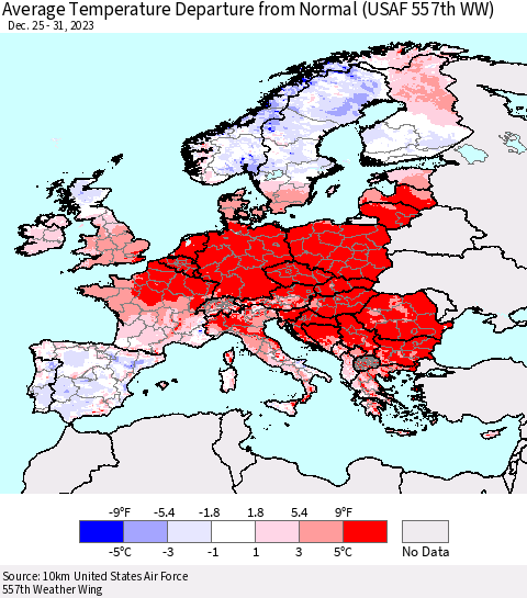 Europe Average Temperature Departure from Normal (USAF 557th WW) Thematic Map For 12/25/2023 - 12/31/2023