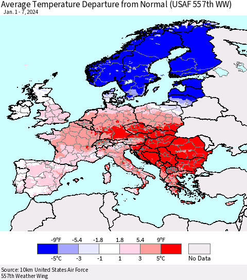 Europe Average Temperature Departure from Normal (USAF 557th WW) Thematic Map For 1/1/2024 - 1/7/2024