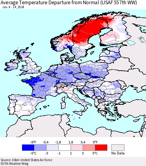 Europe Average Temperature Departure from Normal (USAF 557th WW) Thematic Map For 1/8/2024 - 1/14/2024