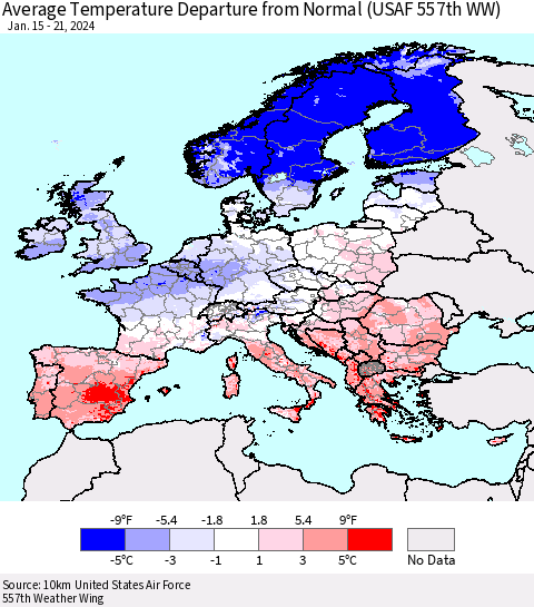 Europe Average Temperature Departure from Normal (USAF 557th WW) Thematic Map For 1/15/2024 - 1/21/2024