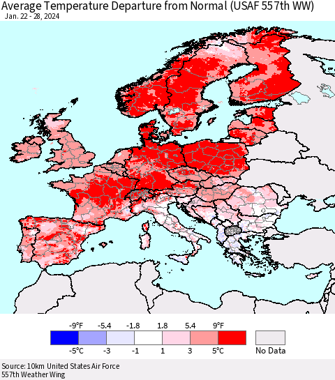 Europe Average Temperature Departure from Normal (USAF 557th WW) Thematic Map For 1/22/2024 - 1/28/2024