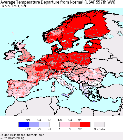 Europe Average Temperature Departure from Normal (USAF 557th WW) Thematic Map For 1/29/2024 - 2/4/2024