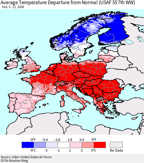 Europe Average Temperature Departure from Normal (USAF 557th WW) Thematic Map For 2/5/2024 - 2/11/2024