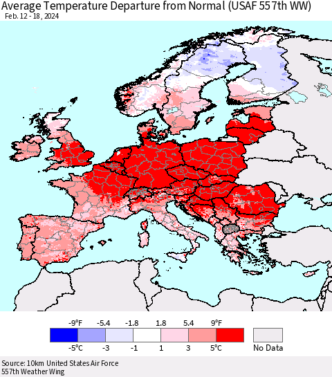 Europe Average Temperature Departure from Normal (USAF 557th WW) Thematic Map For 2/12/2024 - 2/18/2024