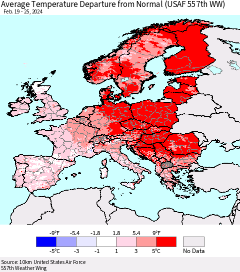 Europe Average Temperature Departure from Normal (USAF 557th WW) Thematic Map For 2/19/2024 - 2/25/2024