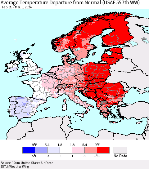 Europe Average Temperature Departure from Normal (USAF 557th WW) Thematic Map For 2/26/2024 - 3/3/2024