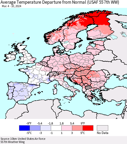 Europe Average Temperature Departure from Normal (USAF 557th WW) Thematic Map For 3/4/2024 - 3/10/2024