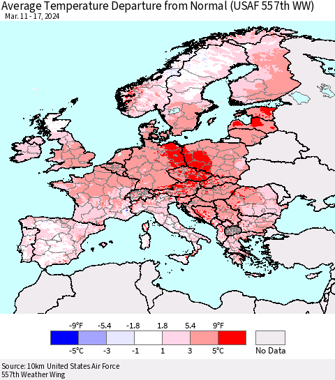 Europe Average Temperature Departure from Normal (USAF 557th WW) Thematic Map For 3/11/2024 - 3/17/2024