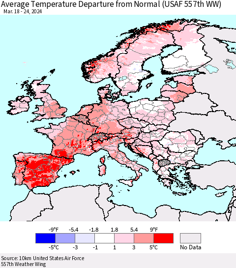 Europe Average Temperature Departure from Normal (USAF 557th WW) Thematic Map For 3/18/2024 - 3/24/2024
