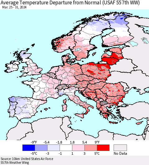 Europe Average Temperature Departure from Normal (USAF 557th WW) Thematic Map For 3/25/2024 - 3/31/2024