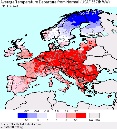 Europe Average Temperature Departure from Normal (USAF 557th WW) Thematic Map For 4/1/2024 - 4/7/2024