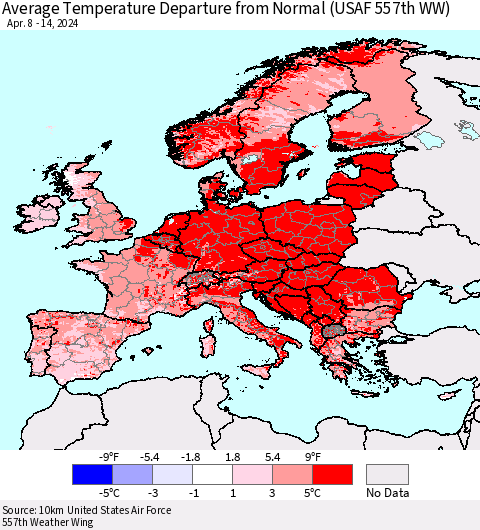Europe Average Temperature Departure from Normal (USAF 557th WW) Thematic Map For 4/8/2024 - 4/14/2024