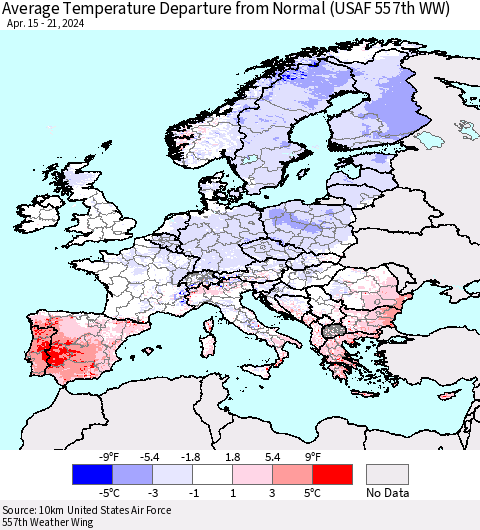 Europe Average Temperature Departure from Normal (USAF 557th WW) Thematic Map For 4/15/2024 - 4/21/2024