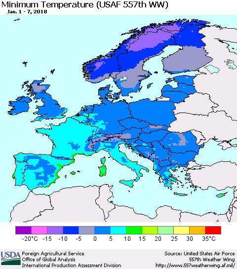 Europe Mean Minimum Temperature (USAF 557th WW) Thematic Map For 1/1/2018 - 1/7/2018