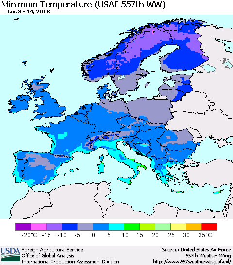 Europe Mean Minimum Temperature (USAF 557th WW) Thematic Map For 1/8/2018 - 1/14/2018