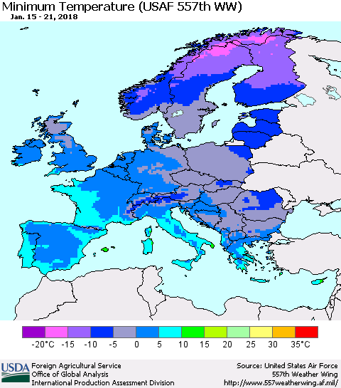 Europe Mean Minimum Temperature (USAF 557th WW) Thematic Map For 1/15/2018 - 1/21/2018