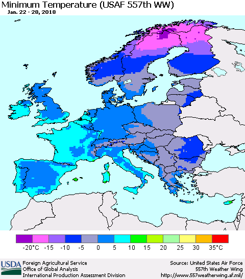 Europe Mean Minimum Temperature (USAF 557th WW) Thematic Map For 1/22/2018 - 1/28/2018