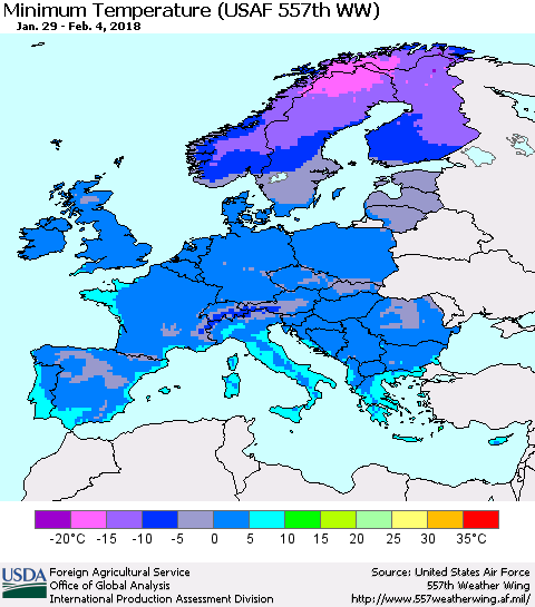 Europe Mean Minimum Temperature (USAF 557th WW) Thematic Map For 1/29/2018 - 2/4/2018