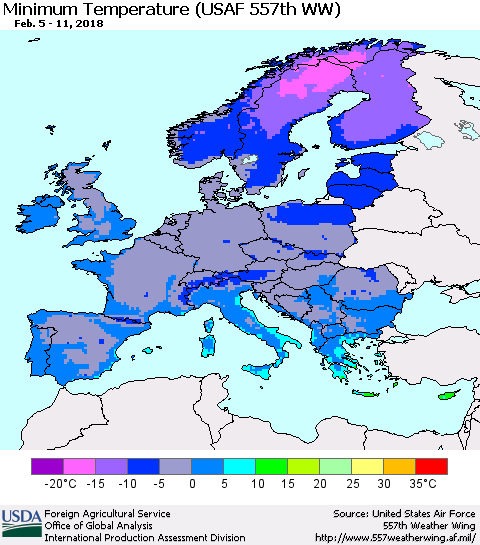 Europe Mean Minimum Temperature (USAF 557th WW) Thematic Map For 2/5/2018 - 2/11/2018