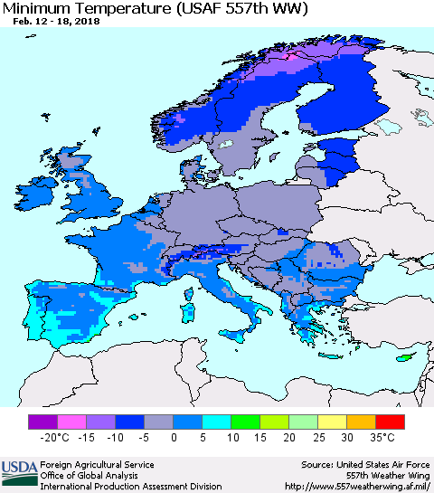 Europe Mean Minimum Temperature (USAF 557th WW) Thematic Map For 2/12/2018 - 2/18/2018