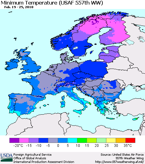 Europe Mean Minimum Temperature (USAF 557th WW) Thematic Map For 2/19/2018 - 2/25/2018