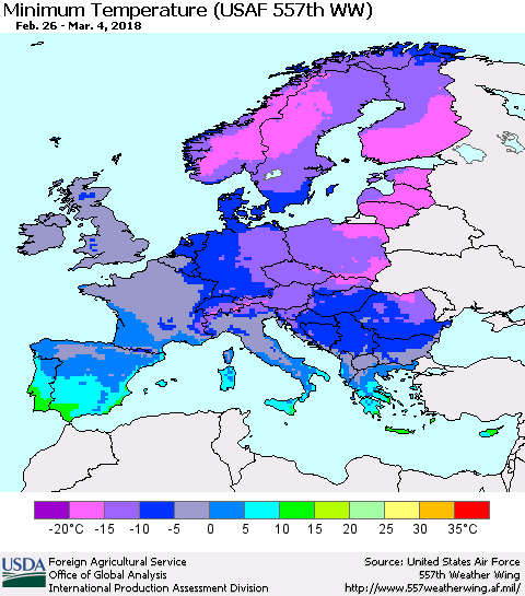 Europe Mean Minimum Temperature (USAF 557th WW) Thematic Map For 2/26/2018 - 3/4/2018