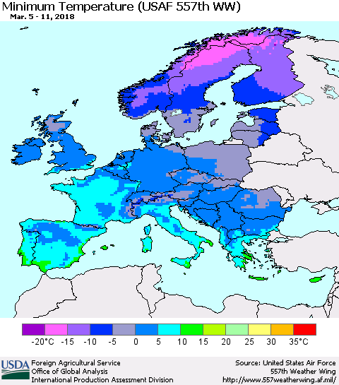 Europe Mean Minimum Temperature (USAF 557th WW) Thematic Map For 3/5/2018 - 3/11/2018
