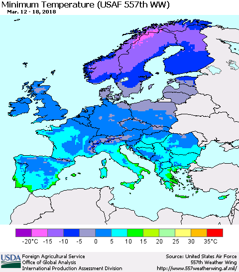 Europe Mean Minimum Temperature (USAF 557th WW) Thematic Map For 3/12/2018 - 3/18/2018