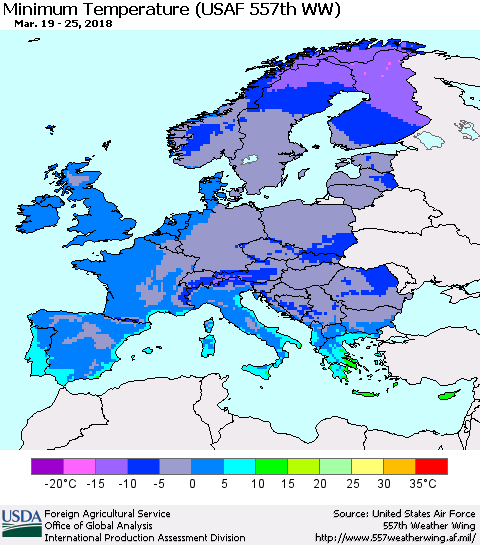 Europe Mean Minimum Temperature (USAF 557th WW) Thematic Map For 3/19/2018 - 3/25/2018