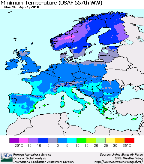 Europe Mean Minimum Temperature (USAF 557th WW) Thematic Map For 3/26/2018 - 4/1/2018
