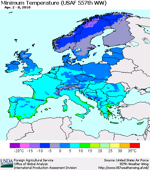 Europe Mean Minimum Temperature (USAF 557th WW) Thematic Map For 4/2/2018 - 4/8/2018