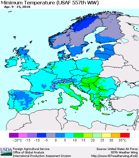 Europe Mean Minimum Temperature (USAF 557th WW) Thematic Map For 4/9/2018 - 4/15/2018