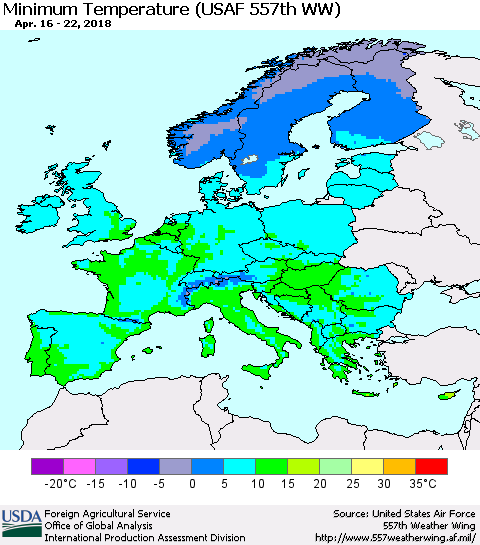 Europe Mean Minimum Temperature (USAF 557th WW) Thematic Map For 4/16/2018 - 4/22/2018