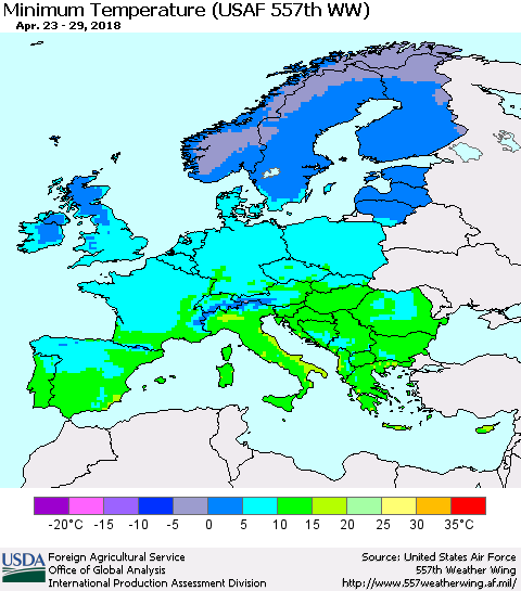Europe Mean Minimum Temperature (USAF 557th WW) Thematic Map For 4/23/2018 - 4/29/2018