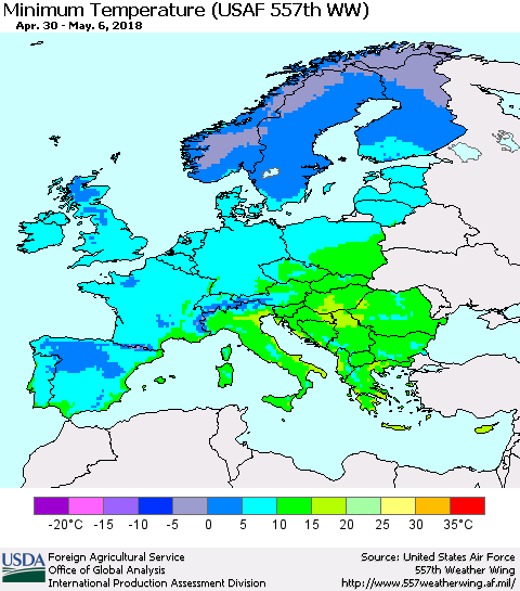 Europe Mean Minimum Temperature (USAF 557th WW) Thematic Map For 4/30/2018 - 5/6/2018