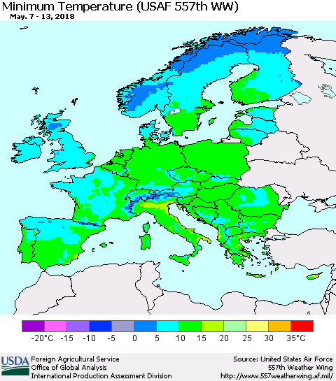 Europe Mean Minimum Temperature (USAF 557th WW) Thematic Map For 5/7/2018 - 5/13/2018