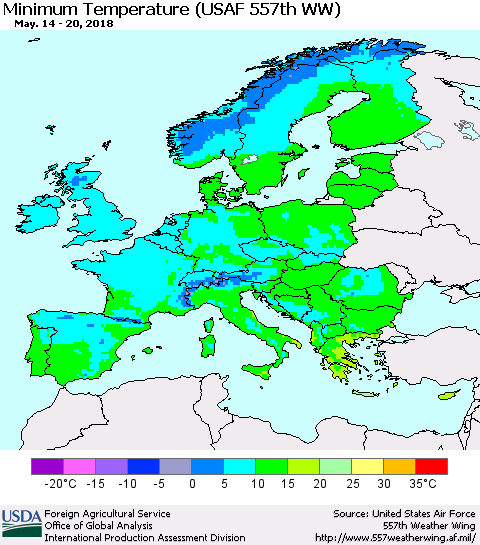 Europe Mean Minimum Temperature (USAF 557th WW) Thematic Map For 5/14/2018 - 5/20/2018