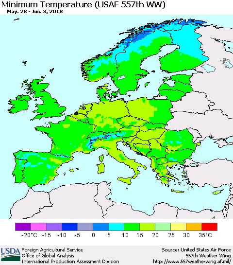 Europe Mean Minimum Temperature (USAF 557th WW) Thematic Map For 5/28/2018 - 6/3/2018