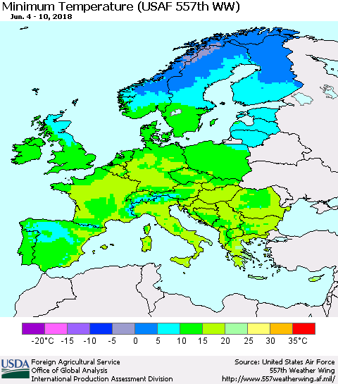 Europe Mean Minimum Temperature (USAF 557th WW) Thematic Map For 6/4/2018 - 6/10/2018