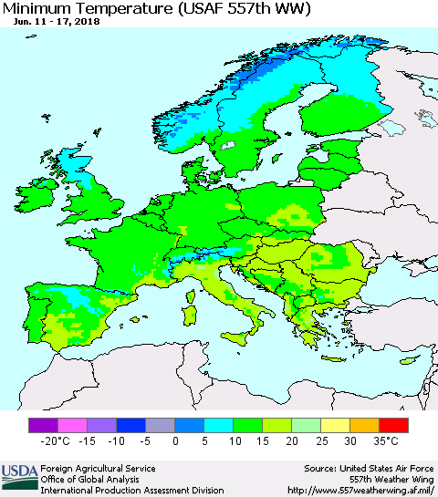 Europe Mean Minimum Temperature (USAF 557th WW) Thematic Map For 6/11/2018 - 6/17/2018