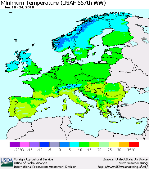 Europe Mean Minimum Temperature (USAF 557th WW) Thematic Map For 6/18/2018 - 6/24/2018