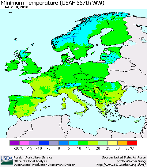 Europe Mean Minimum Temperature (USAF 557th WW) Thematic Map For 7/2/2018 - 7/8/2018